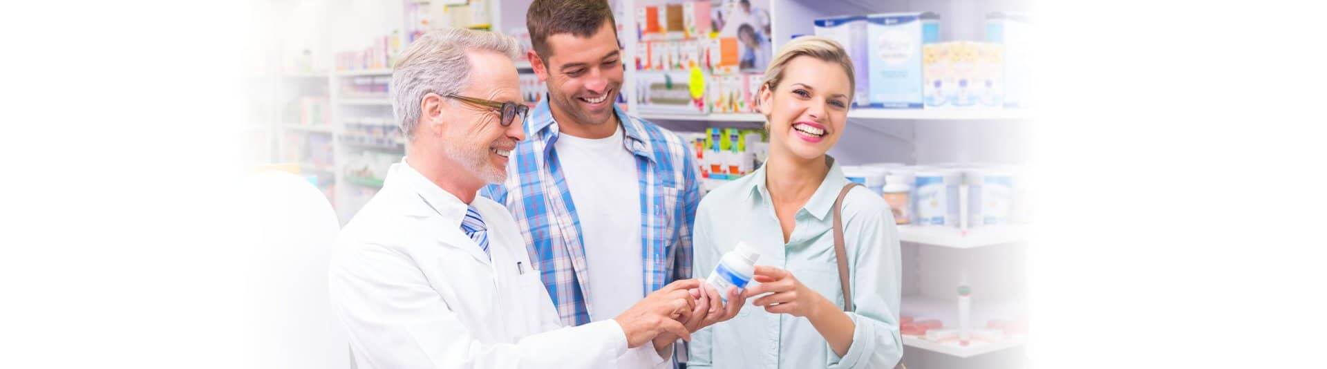 pharmacist and costumers smiling